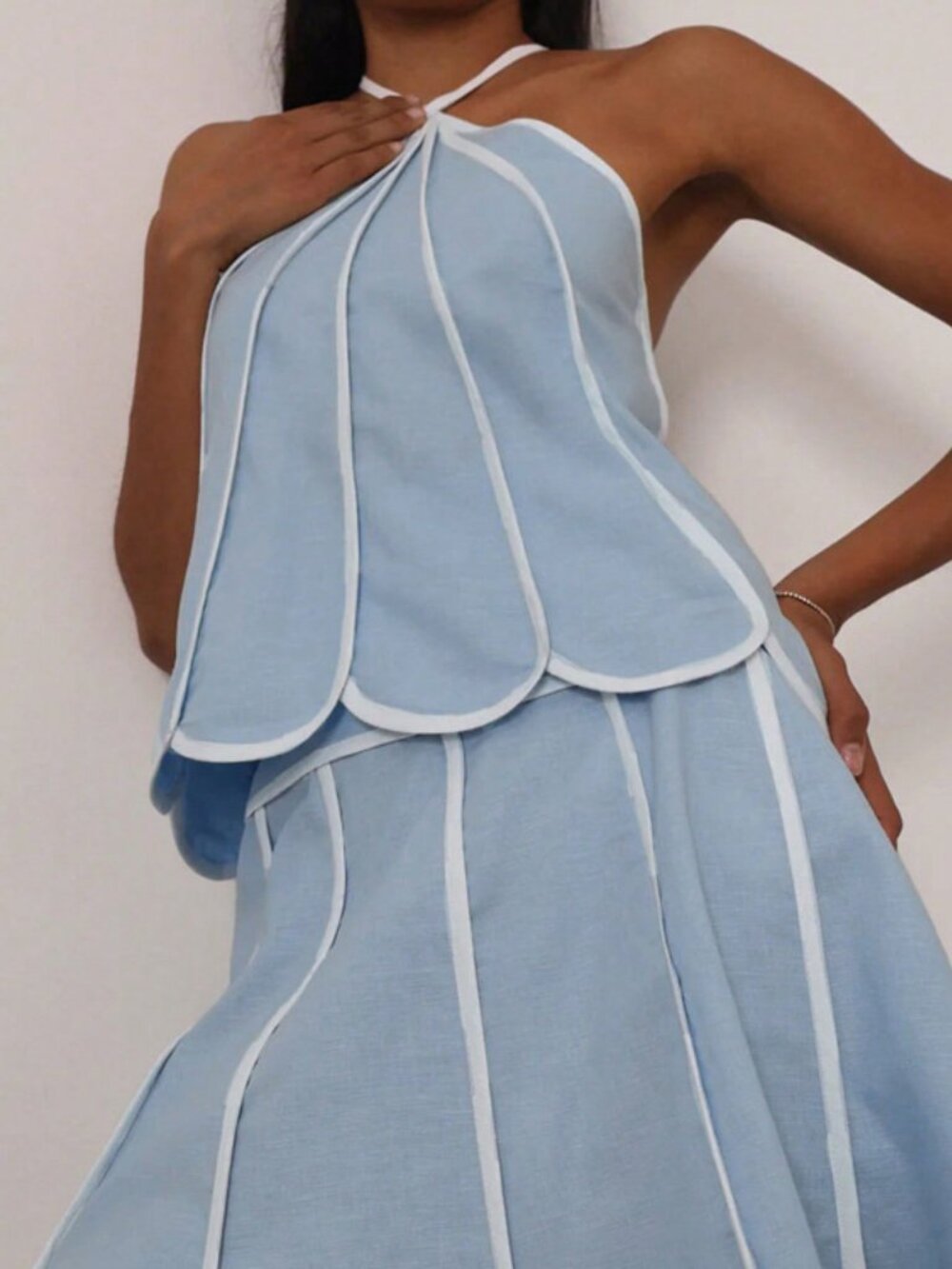 Blue Sexy Women's Halter Neck Backless Sleeveless Top and Skirt Two-Piece Set - Picture 5 of 8